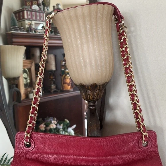 Tory Burch Genuine Leather Red Saddle Bag Gold Tone Chain Woven Shoulder Purse - Picture 3 of 16